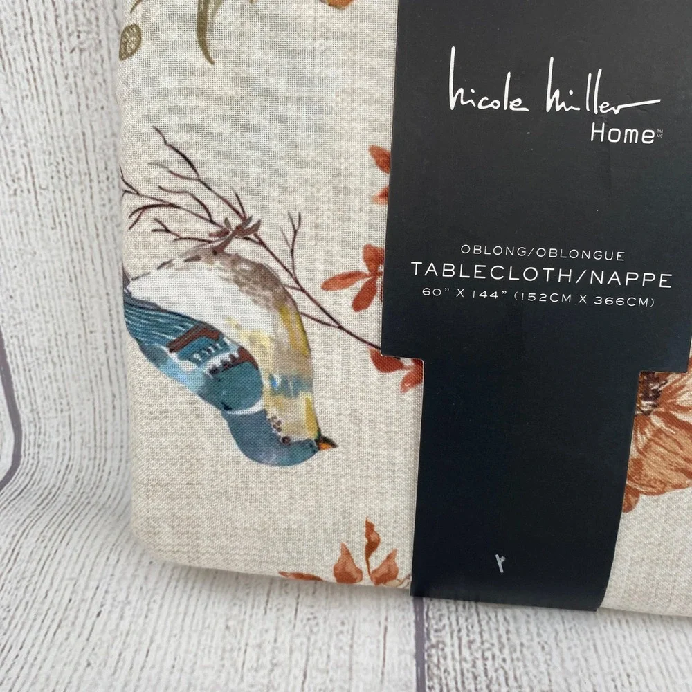 Nicole Miller Tablecloth 60x144 Cream Floral Bird Oblong Autumn Fall Harvest